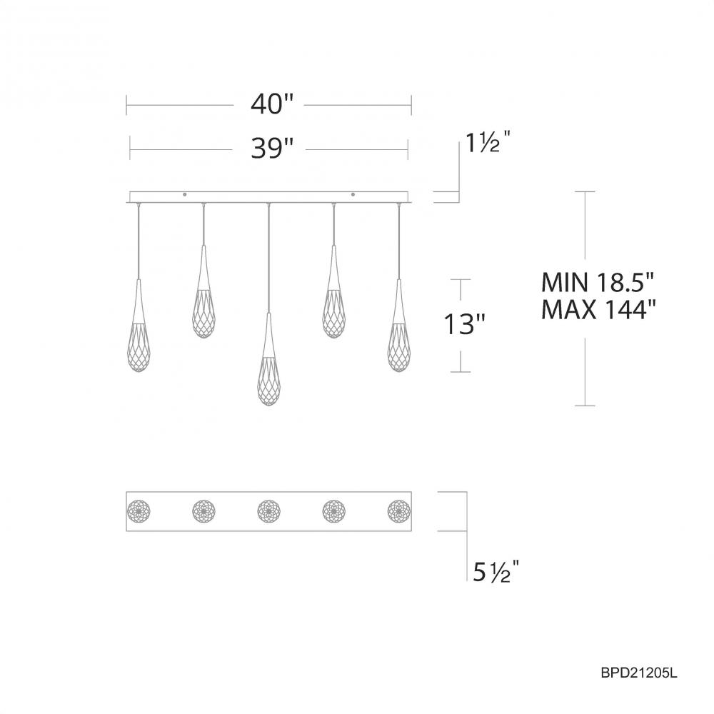 Hibiscus 5 Light 120-277V Multi-Light Pendant (Linear Canopy) in Aged Brass with Clear Optic Cryst