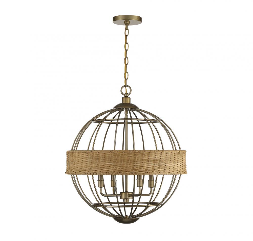 Boreal 4-Light Pendant in Burnished Brass with Rattan
