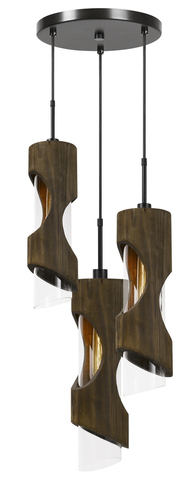 60W X 3 Zamora 3 Light Wood Pendant With Clear Glass Shade (Edison Bulbs Not included)