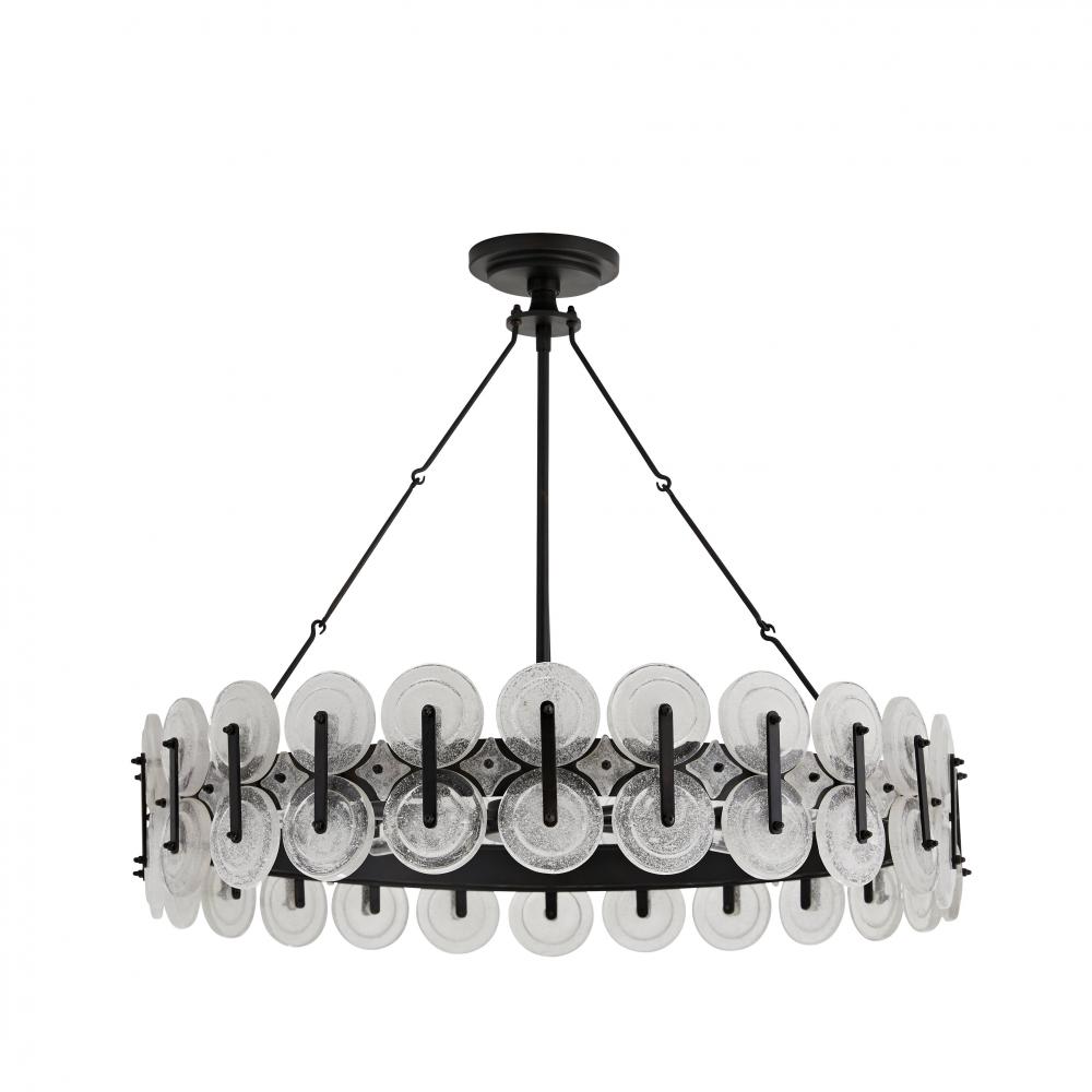 31" 8-Light Rondelle Chandelier - Blackened Iron & Clear Seedy Glass