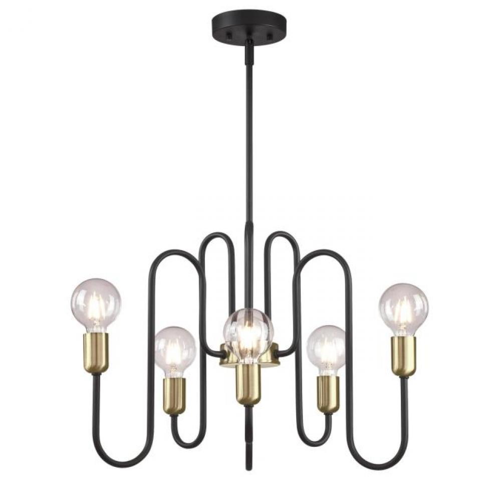 6 Light Chandelier Matte Black Finish with Antique Brass Accents