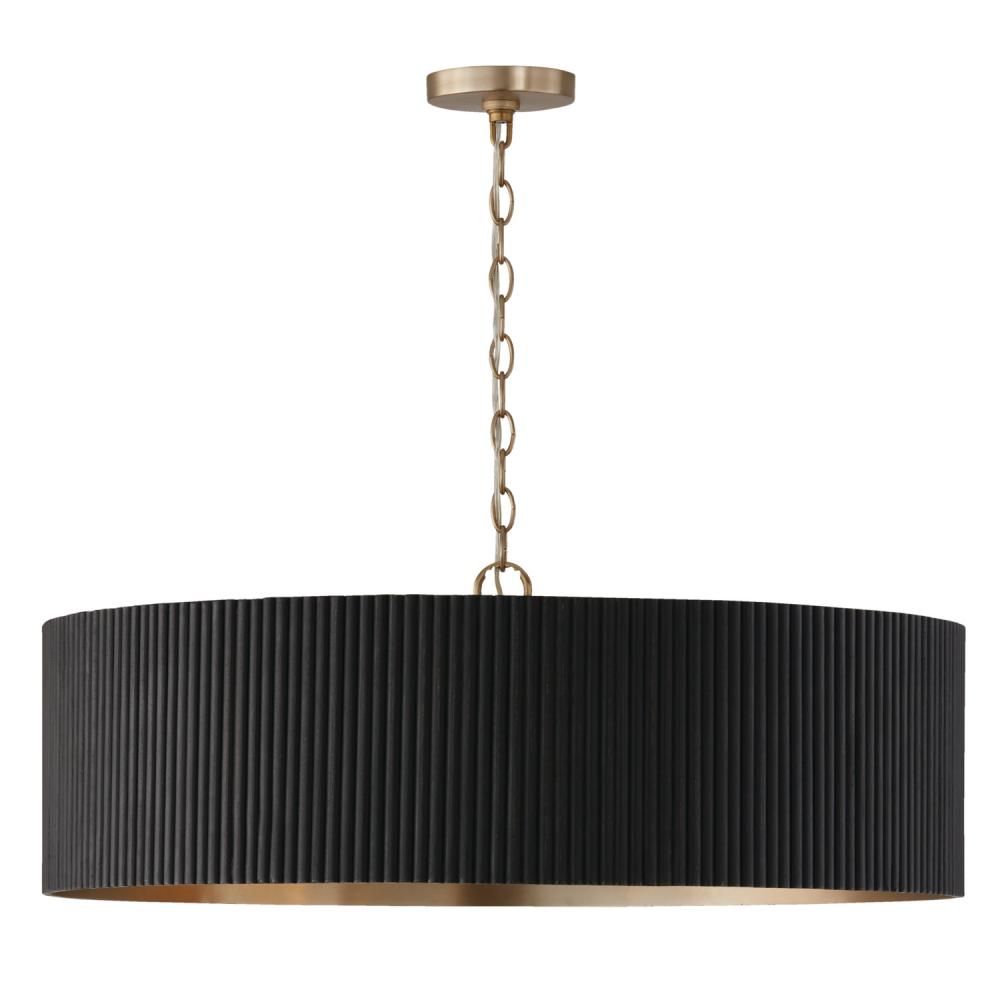 4-Light Chandelier in Matte Brass and Handcrafted Mango Wood in Black Stain