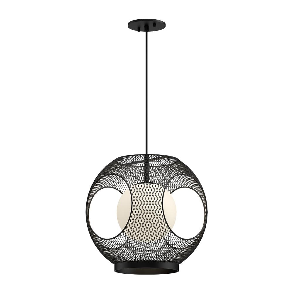 13" 1-Light Kona Exterior Pendant - Black with Opal Glass