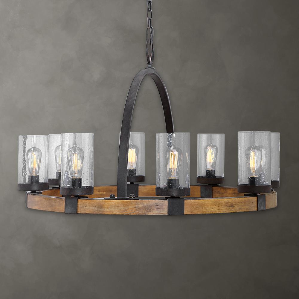 39" 8-Light Atwood Wagon Wheel Pendant - Rustic Metal & Wood