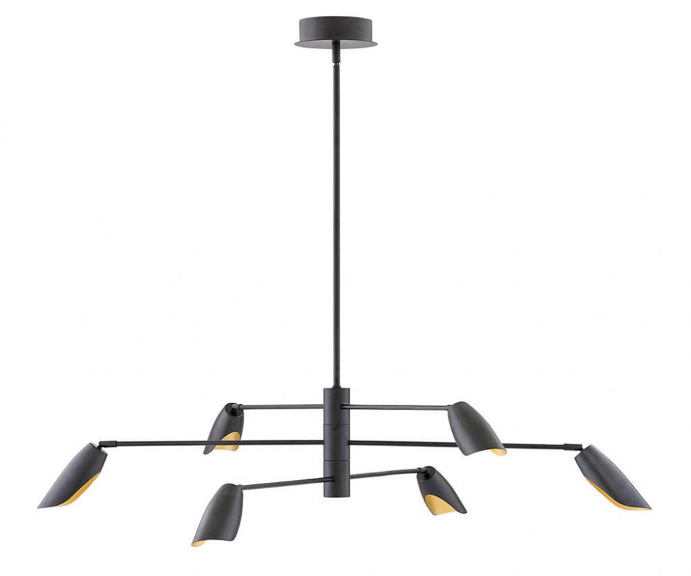 50" 6-Light 27K-LED Bowery Multi-Tier Adjustable Chandelier - Black with Brass Accents