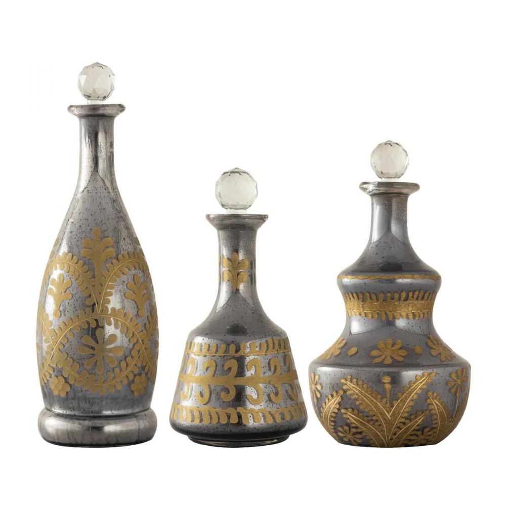 15" Vintage Glass Bottle Trio - Smoked & Gold
